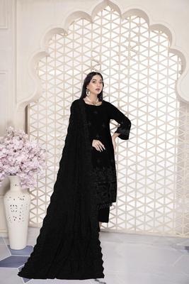 Elegant Black Dhanak Suit Set with Chikankari Embroidery - 3 Pcs