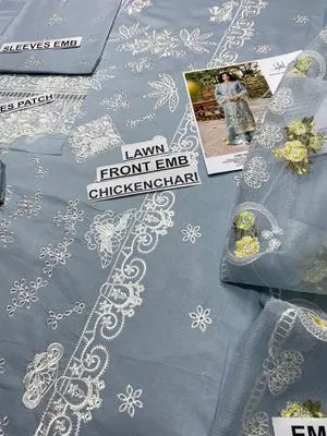 3 Pcs Grey Chikankari Lawn Suit for Eid Party Wear thumbnail 4