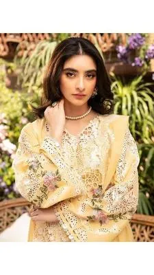 Unstitched Chikankari Lawn Suit Yellow for Eid Weddings thumbnail 2