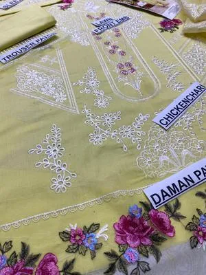 Unstitched Chikankari Lawn Suit Yellow for Eid Weddings thumbnail 5