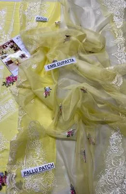 Unstitched Chikankari Lawn Suit Yellow for Eid Weddings thumbnail 6