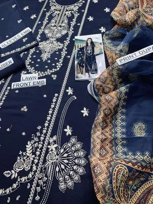 3-Piece Embroidered Lawn Suit Blue for Women thumbnail 3