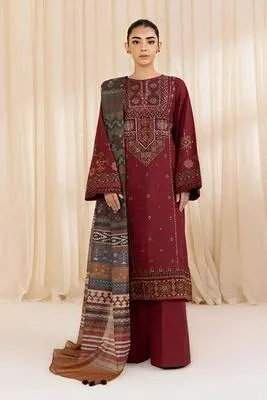 Maroon Embroidered 3-Piece Lawn Suit for Women