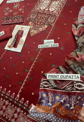 Maroon Embroidered 3-Piece Lawn Suit for Women thumbnail 3
