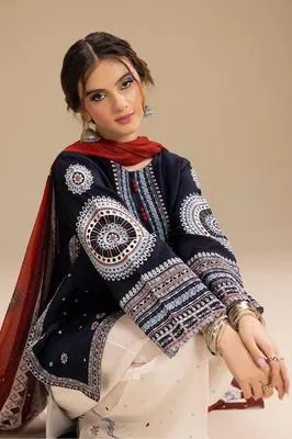 Unstitched 3-Piece Embroidered Lawn Suit Blue Cream thumbnail 4