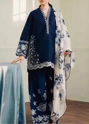 3-Piece Embroidered Lawn Suit Navy Blue with Floral Dupatta
