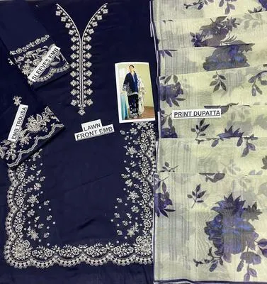 3-Piece Embroidered Lawn Suit Navy Blue with Floral Dupatta thumbnail 2