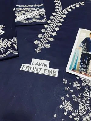 3-Piece Embroidered Lawn Suit Navy Blue with Floral Dupatta thumbnail 3