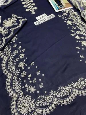 3-Piece Embroidered Lawn Suit Navy Blue with Floral Dupatta thumbnail 4