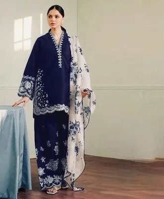 3-Piece Embroidered Lawn Suit Navy Blue with Floral Dupatta thumbnail 5