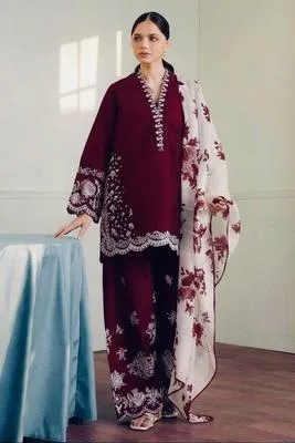 Maroon Embroidered 3-Piece Lawn Suit for Eid & Weddings