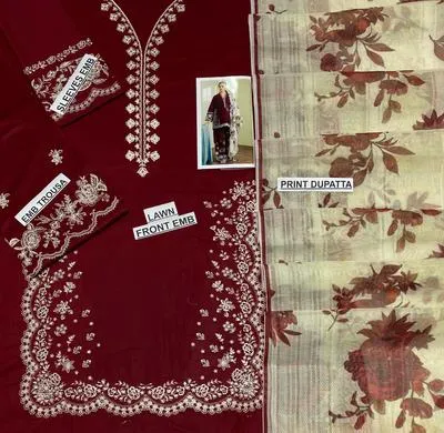 Maroon Embroidered 3-Piece Lawn Suit for Eid & Weddings thumbnail 2