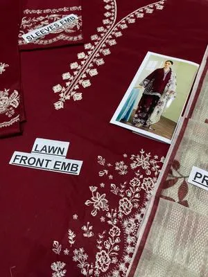 Maroon Embroidered 3-Piece Lawn Suit for Eid & Weddings thumbnail 3