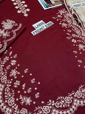 Maroon Embroidered 3-Piece Lawn Suit for Eid & Weddings thumbnail 4