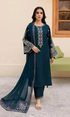 3-Piece Embroidered Lawn Suit Deep Blue for Eid & Weddings