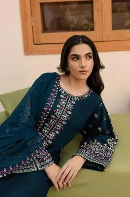 3-Piece Embroidered Lawn Suit Deep Blue for Eid & Weddings thumbnail 5
