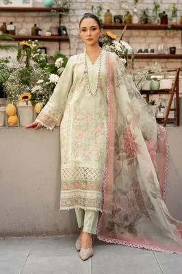 Unstitched 3-Piece Lawn Suit Green Floral Embroidery