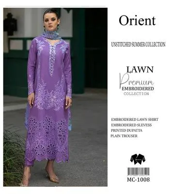 Unstitched Lawn Suit Purple Embroidered with Printed Dupatta