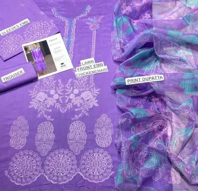 Unstitched Lawn Suit Purple Embroidered with Printed Dupatta thumbnail 2