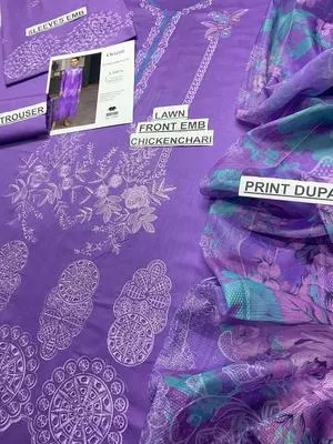 Unstitched Lawn Suit Purple Embroidered with Printed Dupatta thumbnail 3
