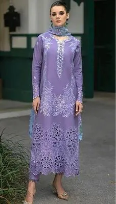 Unstitched Lawn Suit Purple Embroidered with Printed Dupatta thumbnail 4