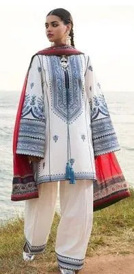 3-Piece Embroidered Lawn Suit Blue Red for Eid Wedding