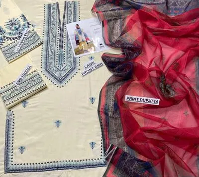3-Piece Embroidered Lawn Suit Blue Red for Eid Wedding thumbnail 2