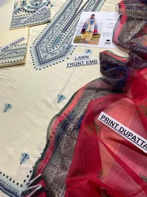 3-Piece Embroidered Lawn Suit Blue Red for Eid Wedding thumbnail 3