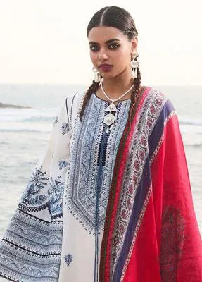 3-Piece Embroidered Lawn Suit Blue Red for Eid Wedding thumbnail 4