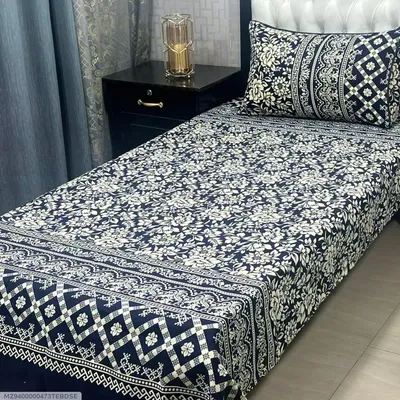 Blue Printed Crystal Cotton Single Bedsheet Set with Pillow Cover thumbnail 2