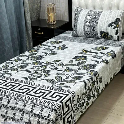 Crystal Cotton Printed Bedsheet Set White Single Bed thumbnail 2