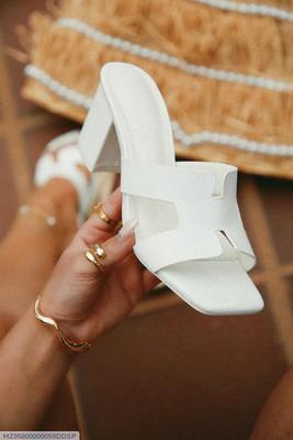 White Rexine Heels for Women, Block Heel, Wedding Party Wear thumbnail 2