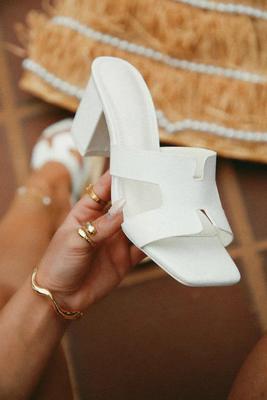 White Rexine Heels for Women, Block Heel, Wedding Party Wear