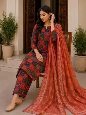 Orange Digital Print Lawn 3Pcs Set for Women